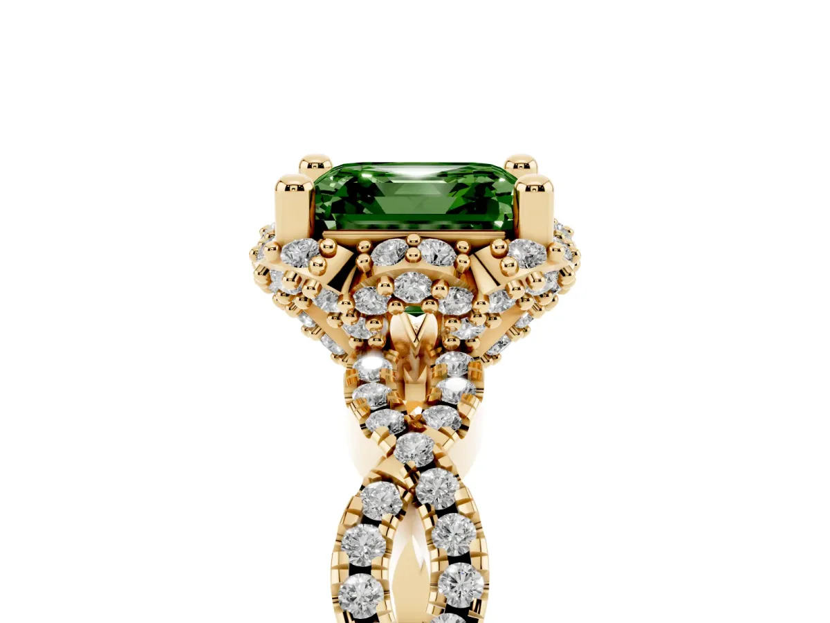 Fancy Green Asscher Cut Halo Twist Band Solitaire Ring with Six-Prong Setting Yellow gold