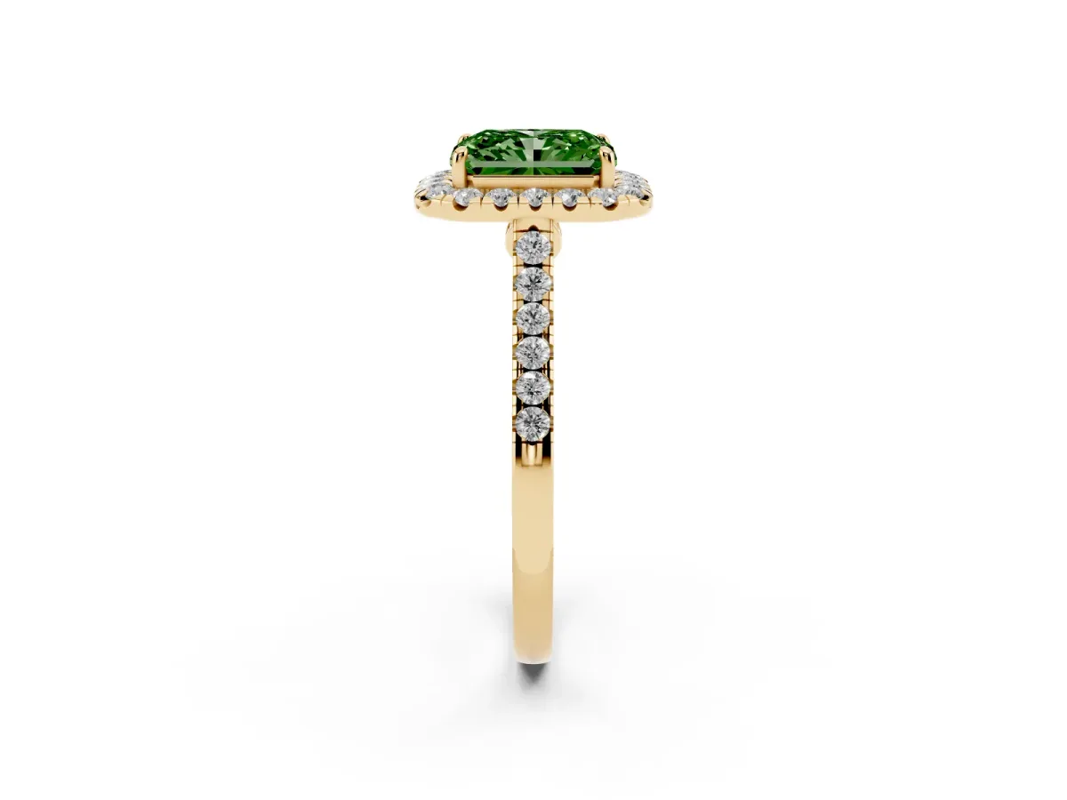 Fancy Green Radiant Cut Halo Pave Diamond Engagement Ring with Four-Prong Setting Yellow gold
