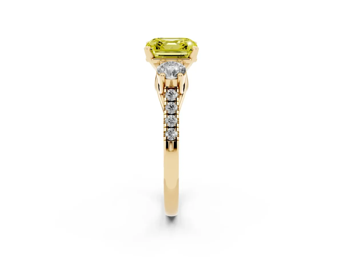 Fancy Yellow Three-Stone Asscher Cut Diamond Pavé Band with Four-Prong Setting Yellow gold