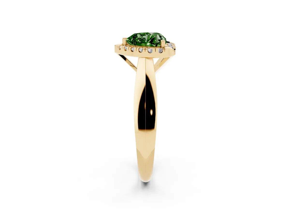 Fancy Green Heart Cut Cut Halo Solitaire Engagement Ring with Square Band and Four-Prong Setting Yellow gold