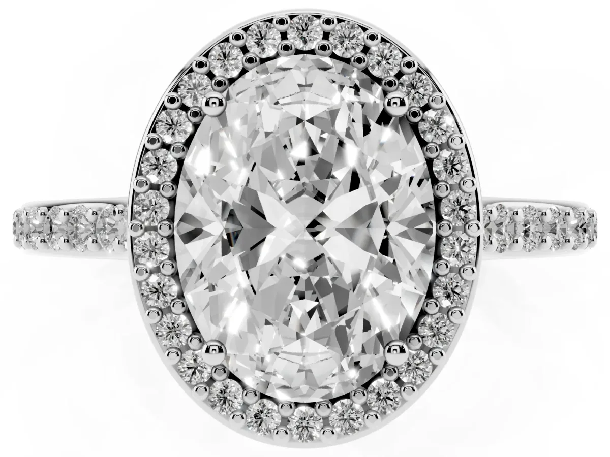 Oval Cut Diamond Halo Engagement Ring with Round Pavé Shoulders and Prong Setting Silver
