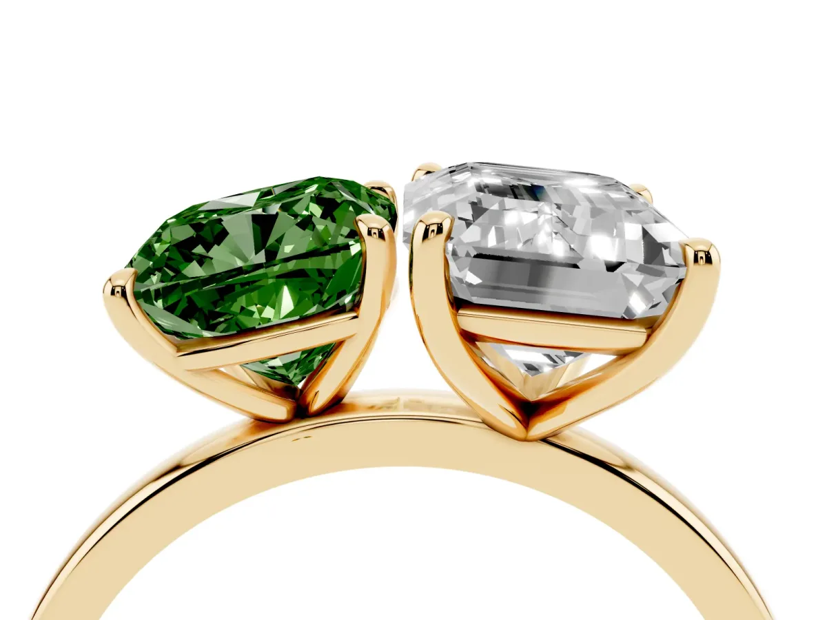 Fancy Green Cushion Cut and Emerald Cut Toi Moi Ring with Prong Setting Yellow gold