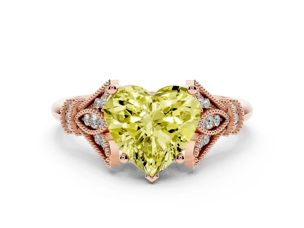 Fancy Yellow Heart Cut Diamond Solitaire Ring with Floral Filigree and Pave Accents Rose gold