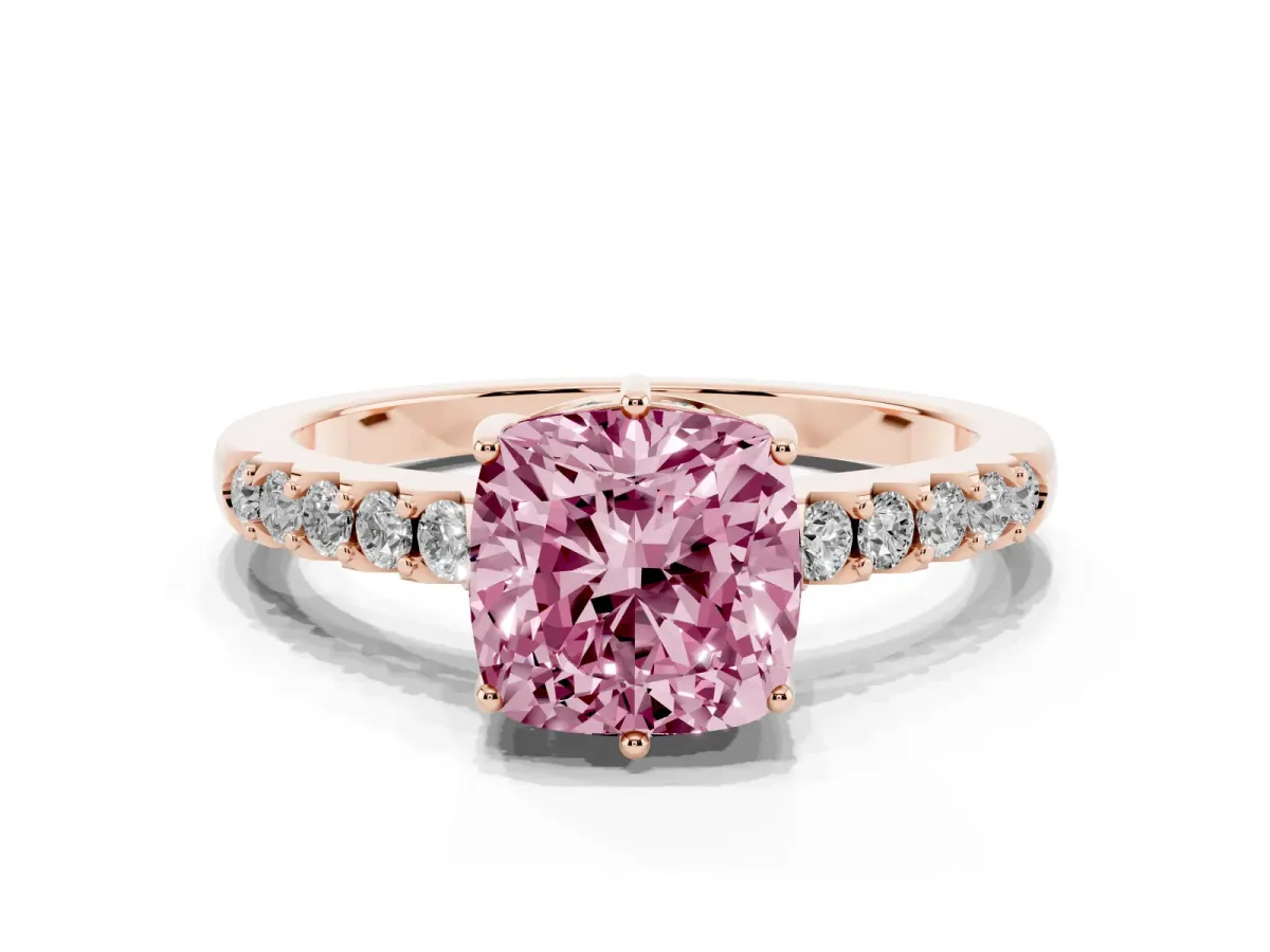 Fancy Pink Cushion Cut Solitaire Diamond Engagement Ring with Pavé Band and Six-Prong Setting Rose gold