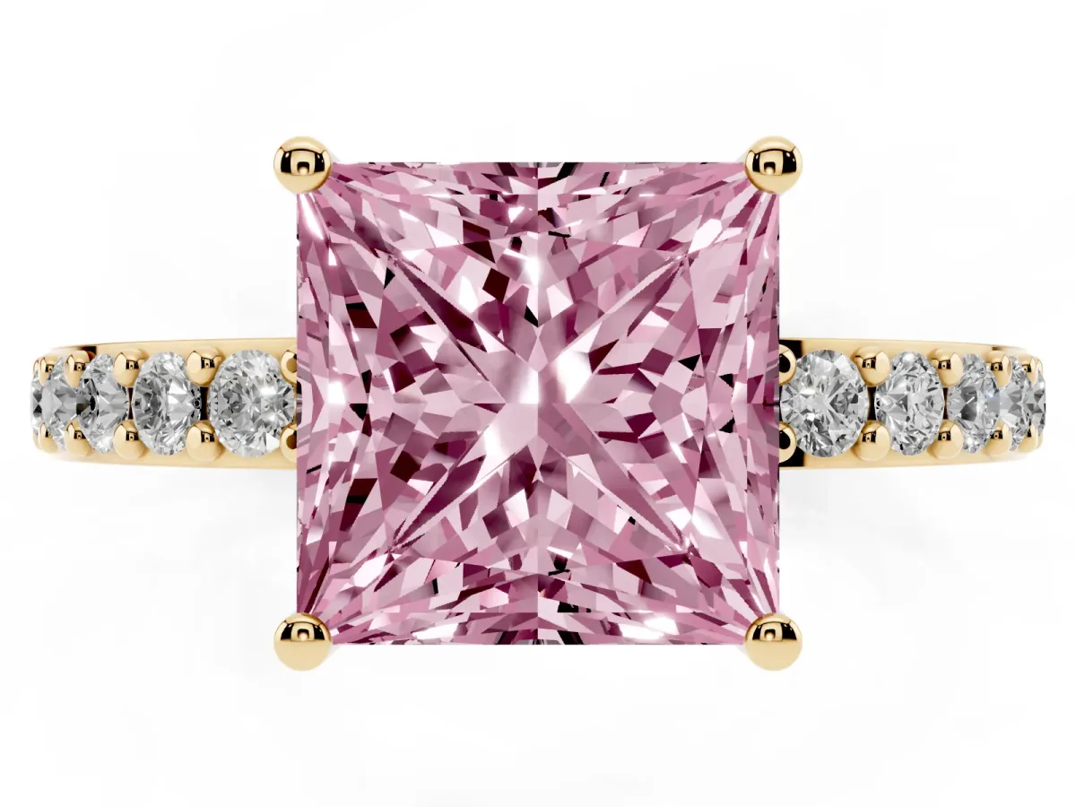 Fancy Pink Princess Cut Cut Diamond Solitaire with Pave Band and Four-Prong Setting Yellow gold