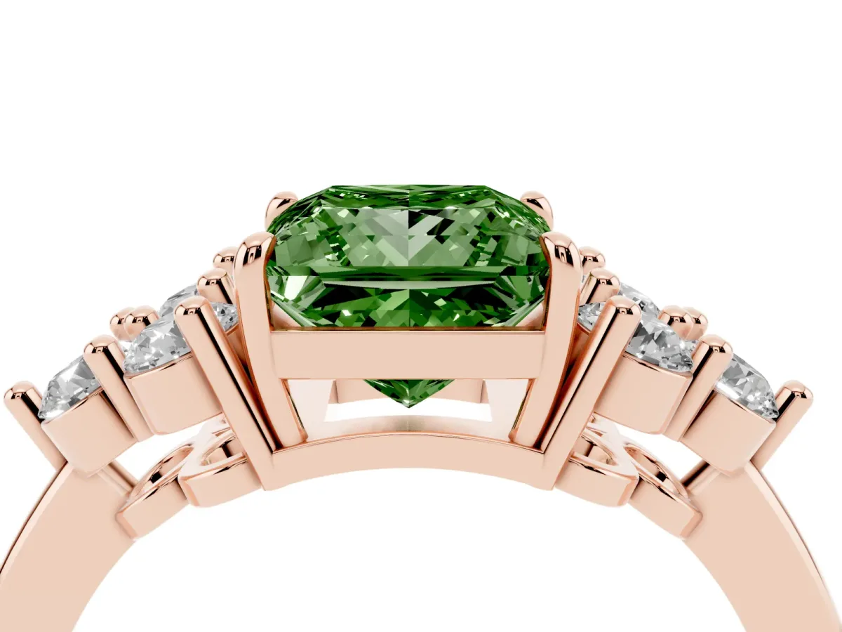 Fancy Green Princess Cut Brilliant Diamond Cluster Accent Solitaire Ring with Prong Setting Rose gold