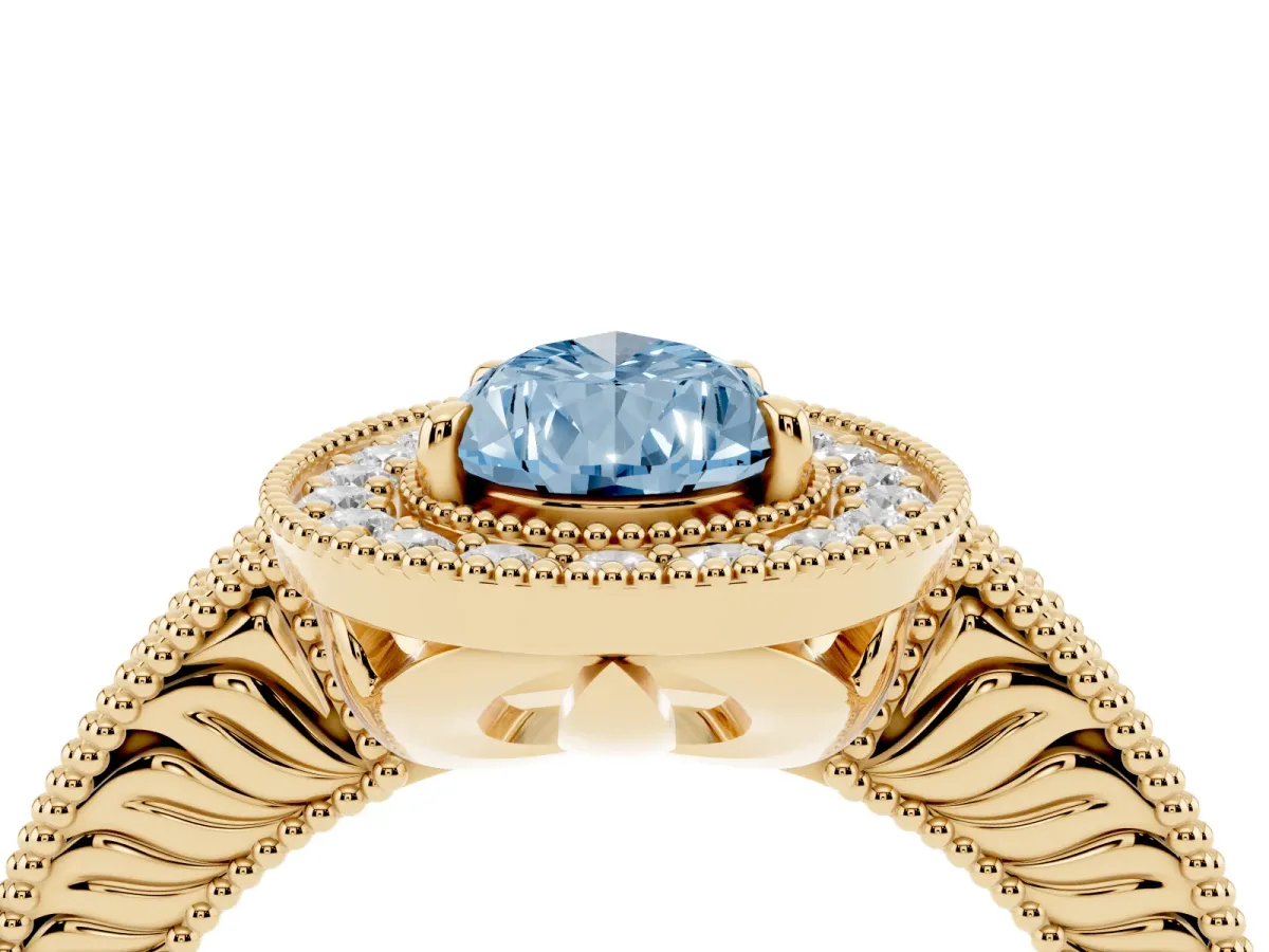 Fancy Blue Pear Cut Cut Halo Diamond Ring with Pavé Band and Four-Prong Setting Yellow gold