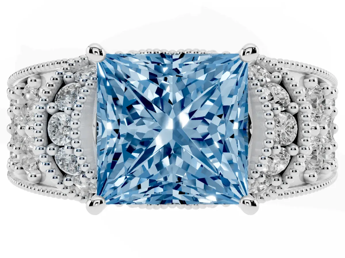 Fancy Blue Princess Cut Halo Pave Diamond Engagement Ring with Milgrain Detailing Silver