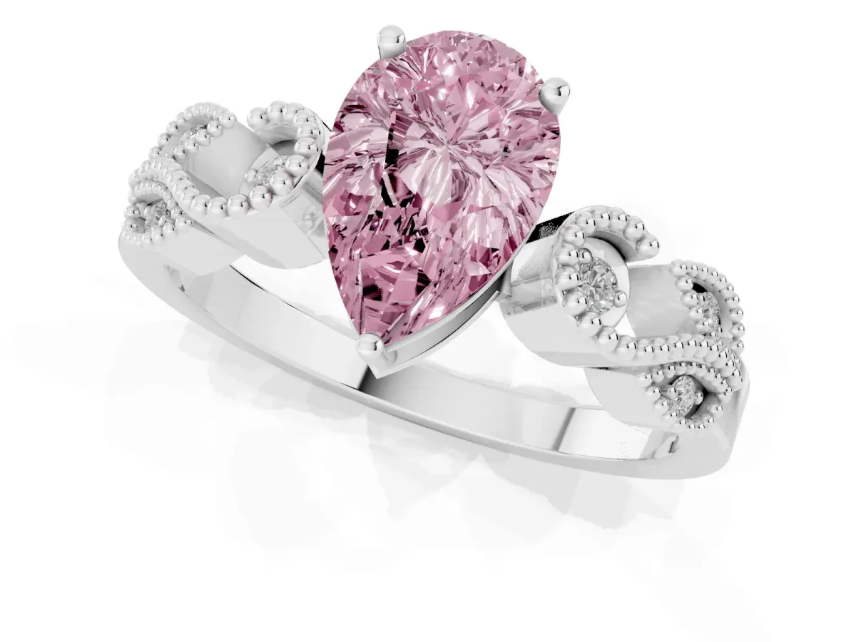 Fancy Pink Pear Cut Solitaire Milgrain Leaf Band with Prong Setting White gold