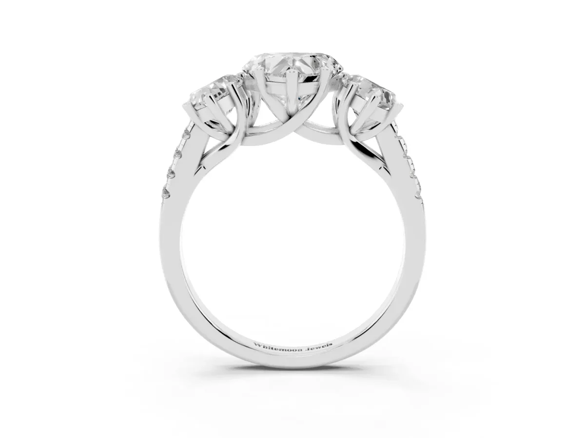 Three-Stone Heart Cut Diamond Ring with Round Pavé Band and Prong Setting Silver