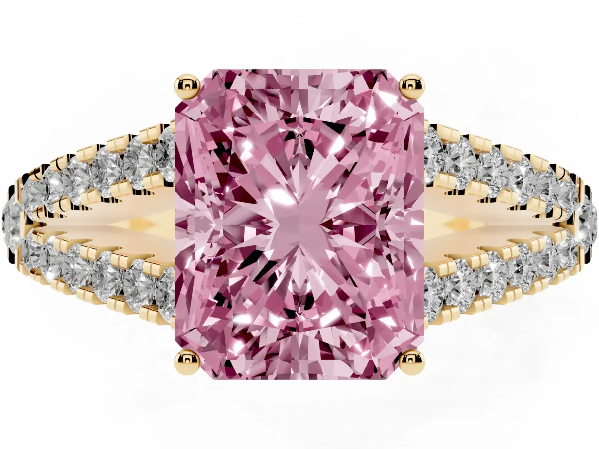 Fancy Pink Radiant Cut Diamond Split Shank Engagement Ring with Round Pavé and Prong Setting Yellow gold