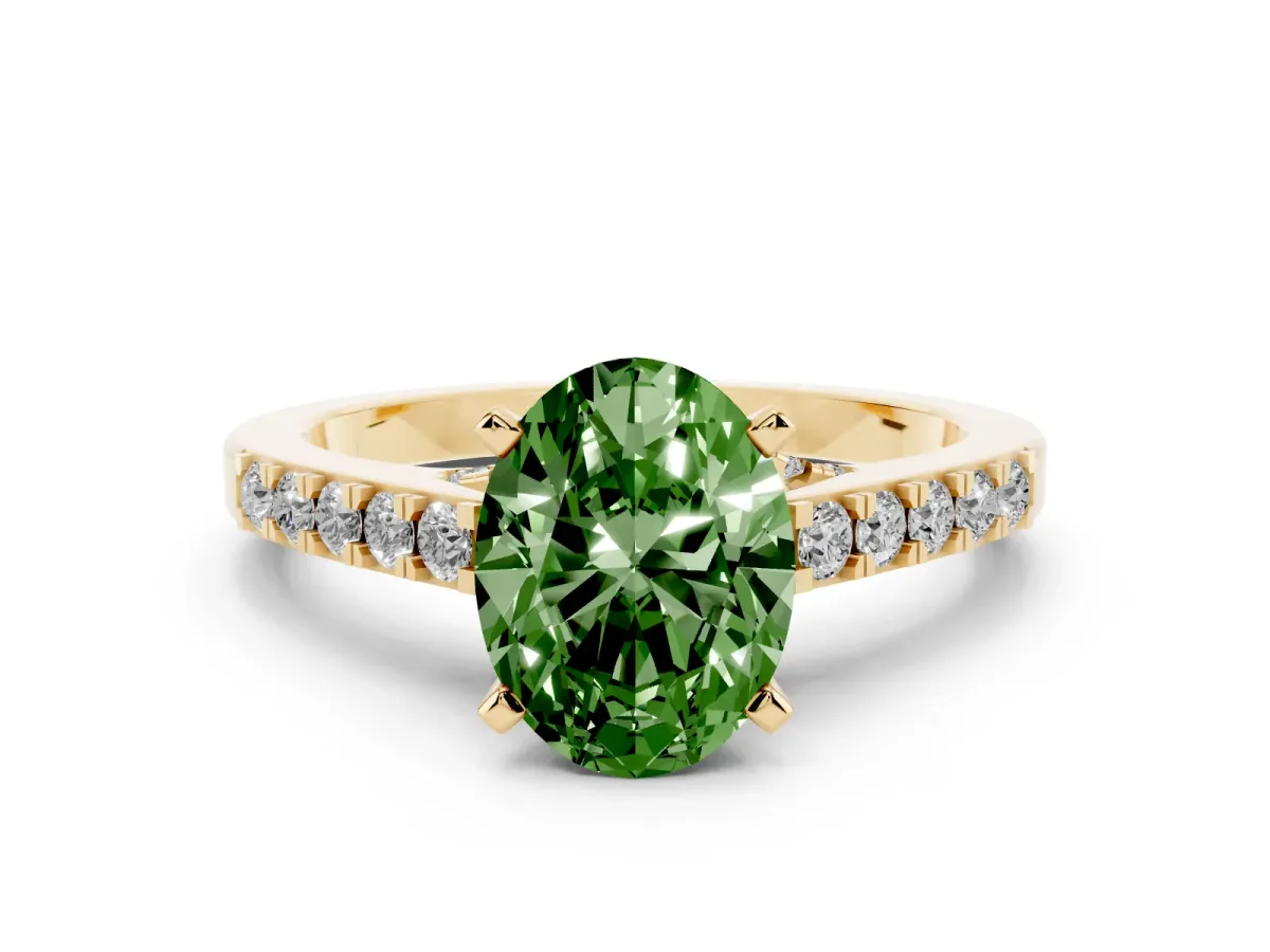 Fancy Green Oval Cut Diamond Solitaire Ring with Crossover Gallery and Round Pavé Band Yellow gold