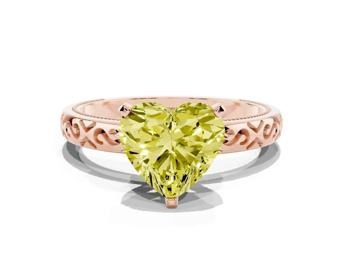 Fancy Yellow Heart Cut Solitaire Engagement Ring with Scrollwork Band and Four-Prong Setting Rose gold