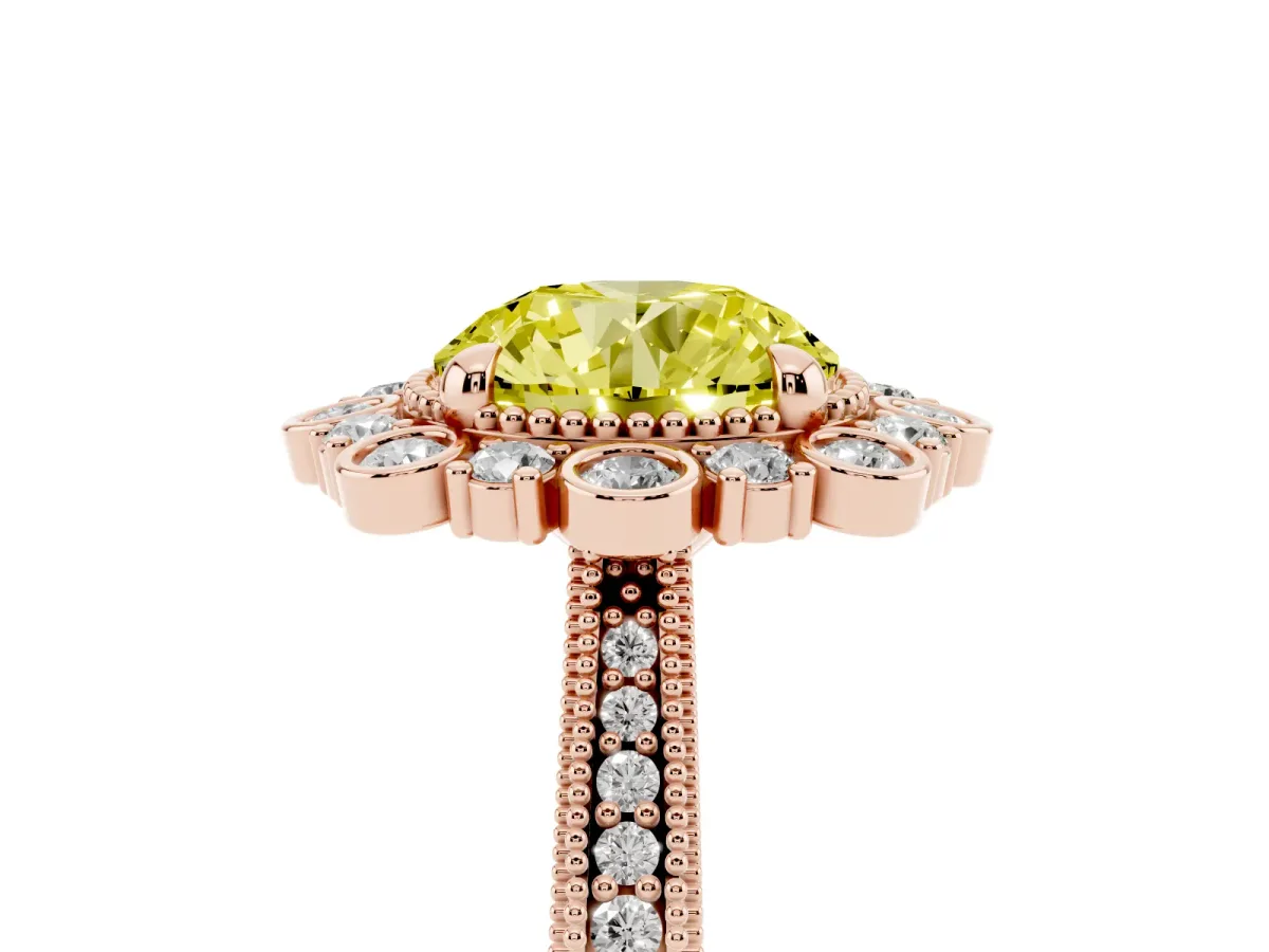 Fancy Yellow Round Cut Halo Milgrain Pave Diamond Ring with Four-Prong Setting Rose gold
