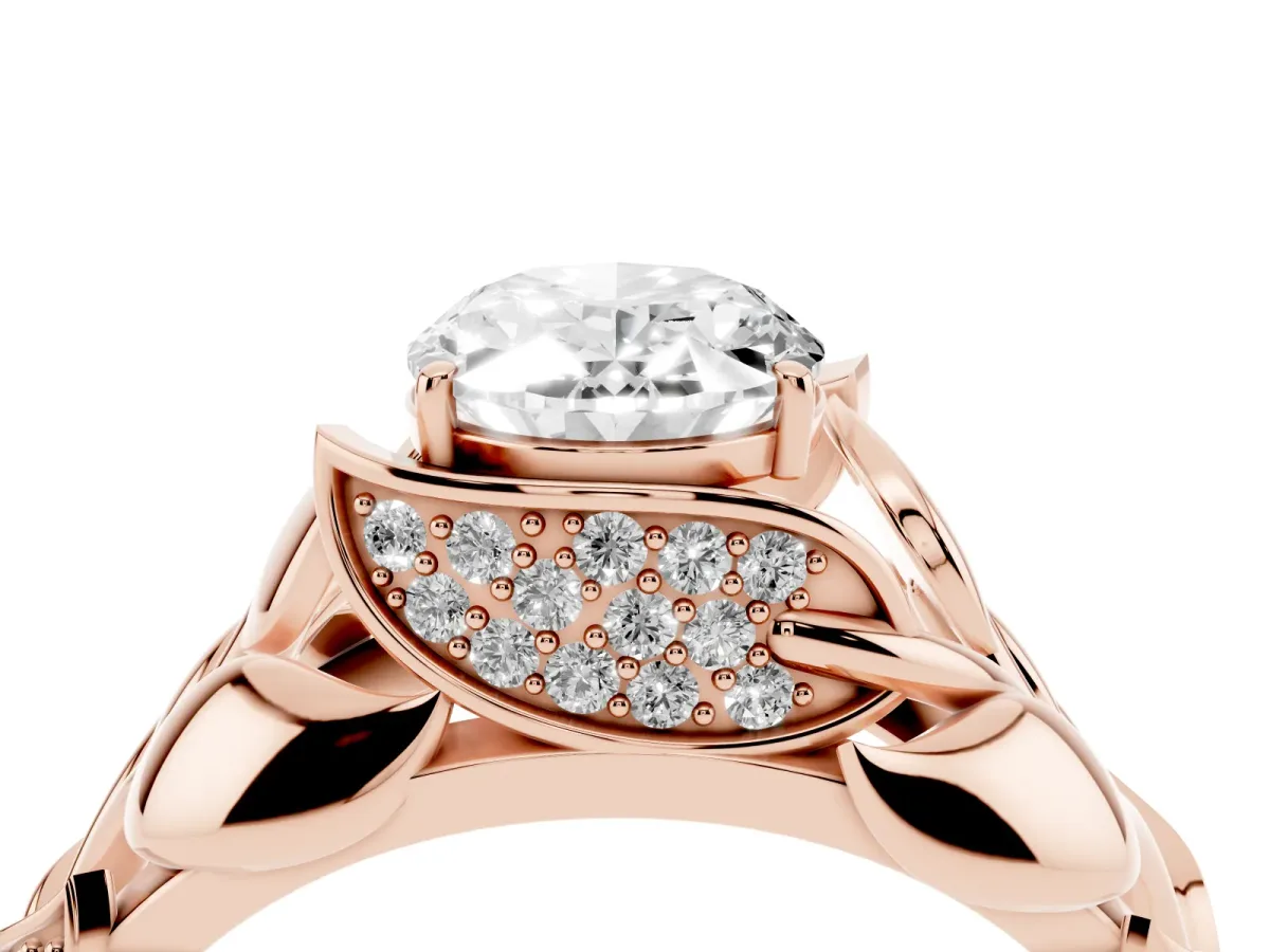 Oval Cut Diamond Leaf-Inspired Engagement Ring with Round Accents and Prong Setting Rose gold