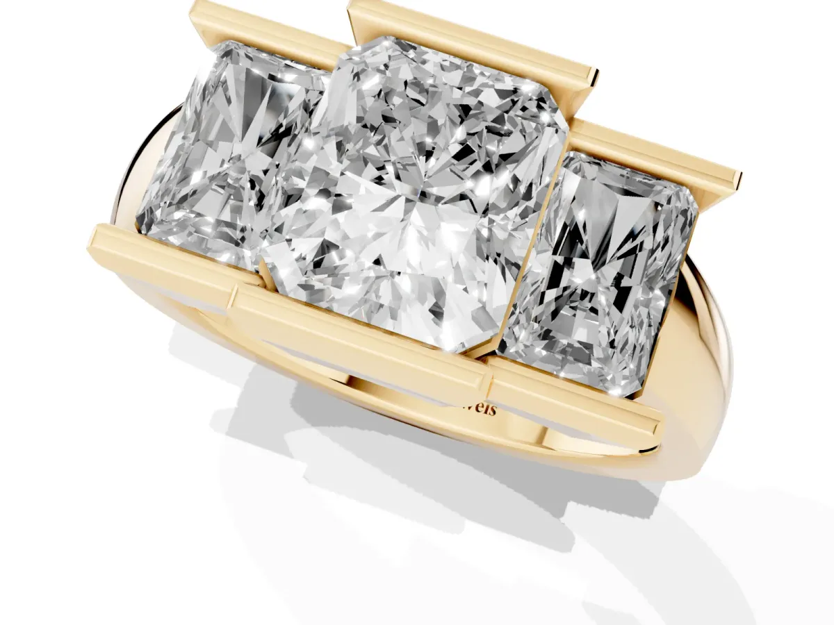 Three Stone Radiant Cut Cut Channel Set Diamond Ring Yellow gold