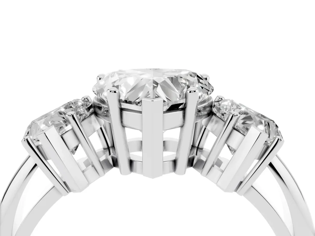 Three-Stone Heart Cut Cut Diamond Engagement Ring with Prong Setting on a White Gold Band Silver