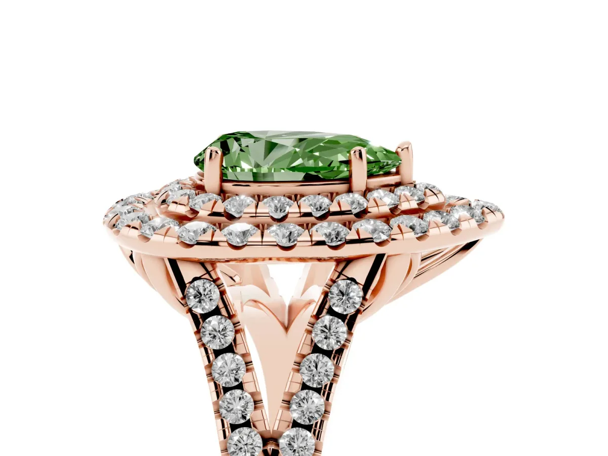 Fancy Green Double Halo Pear Cut Diamond Pavé Split Shank Ring with Prong Setting Rose gold