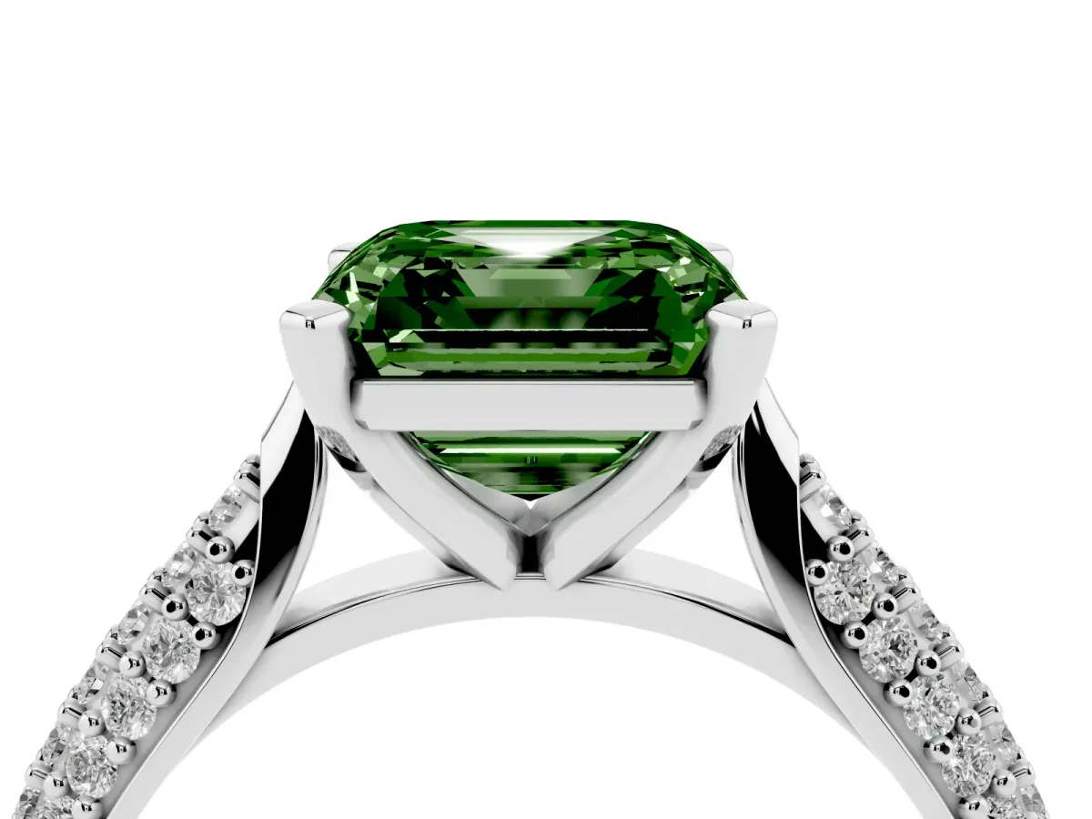 Fancy Green Asscher Cut Diamond Solitaire Engagement Ring with Multi-Row Round Pavé Band and Prong Setting Silver