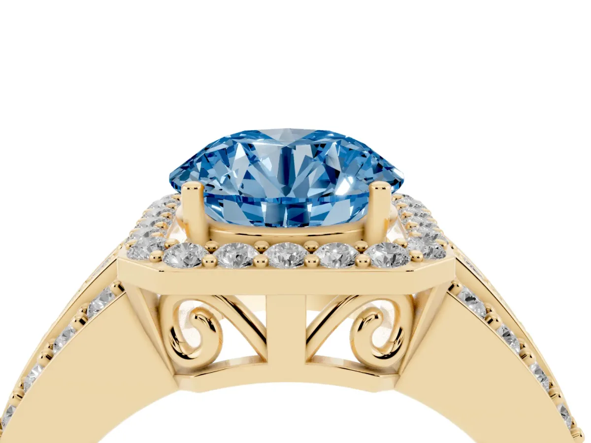 Fancy Blue Round Cut Halo Diamond Ring with Round Split Shank and Prong Setting Yellow gold