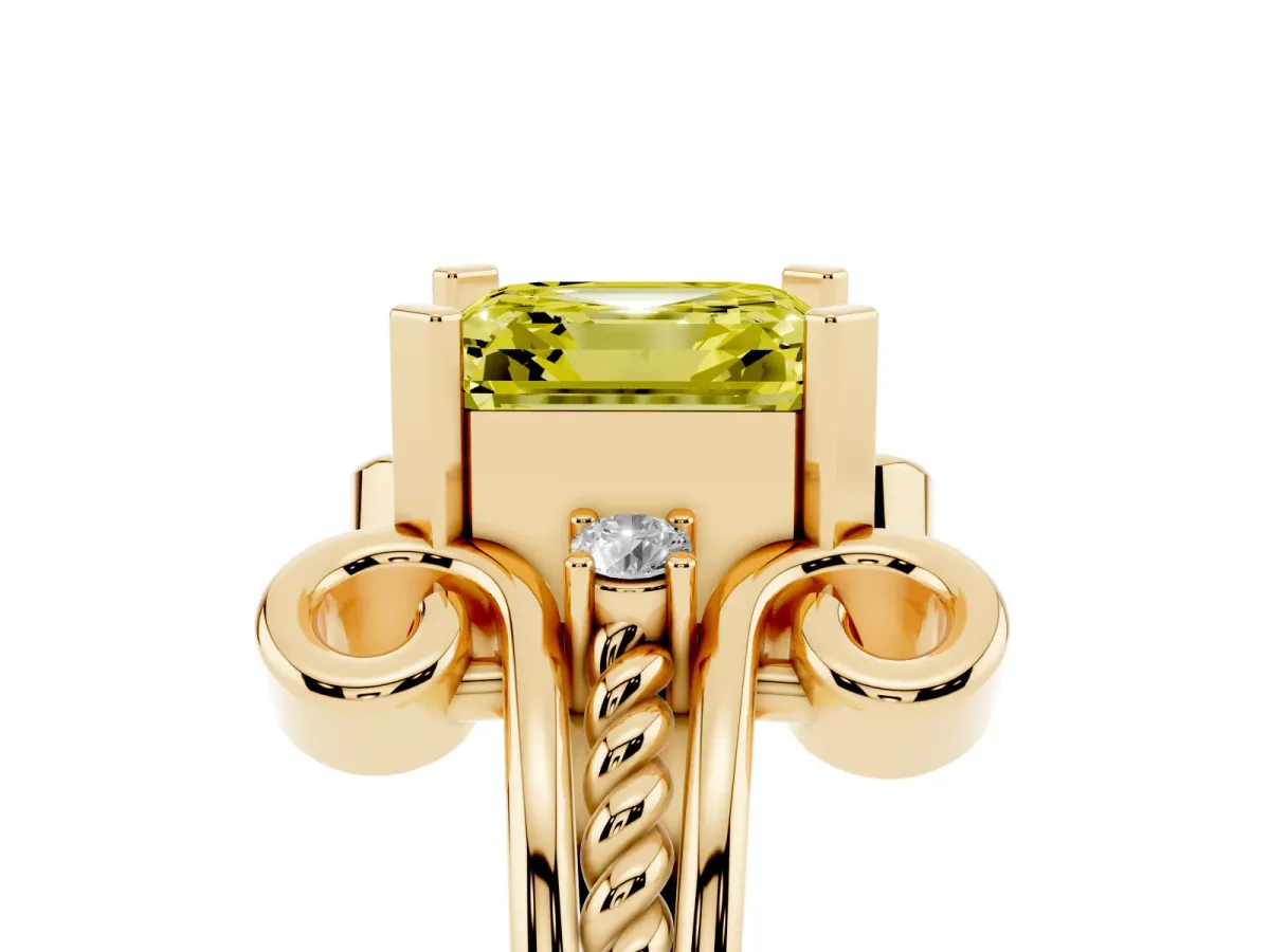Fancy Yellow Asscher Cut Solitaire Twisted Band Scroll Prong Ring Yellow gold