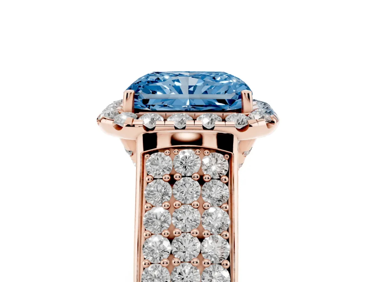 Fancy Blue Radiant Cut Halo Round Diamond Pave Band with Prong Setting Rose gold