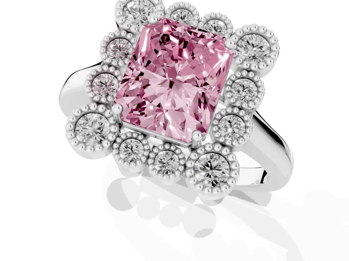 Fancy Pink Radiant Cut Halo Diamond Cluster Engagement Ring with Milgrain Bezel Setting and Solitaire Band Platinum