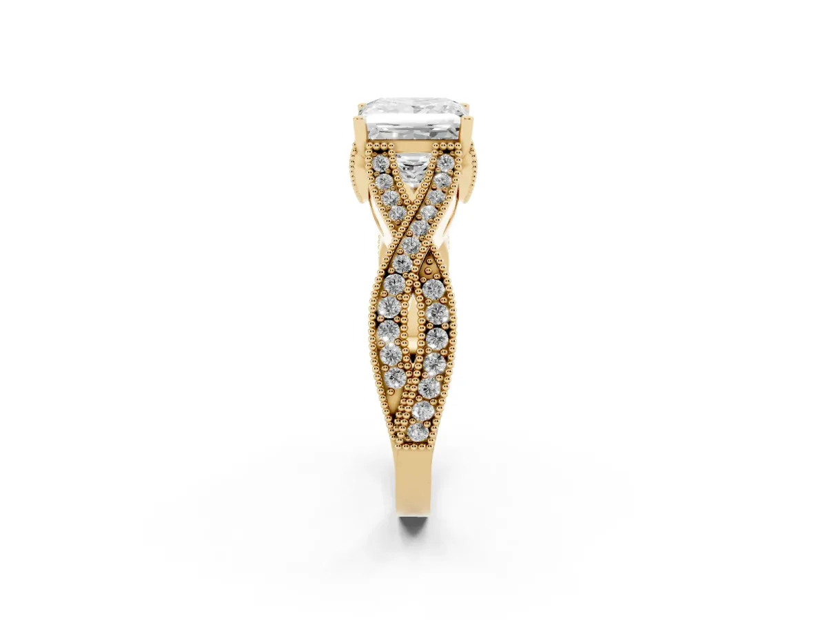 Princess Cut Cut Diamond Twisted Band with Milgrain Pave Setting and Four-Prong Setting Yellow gold