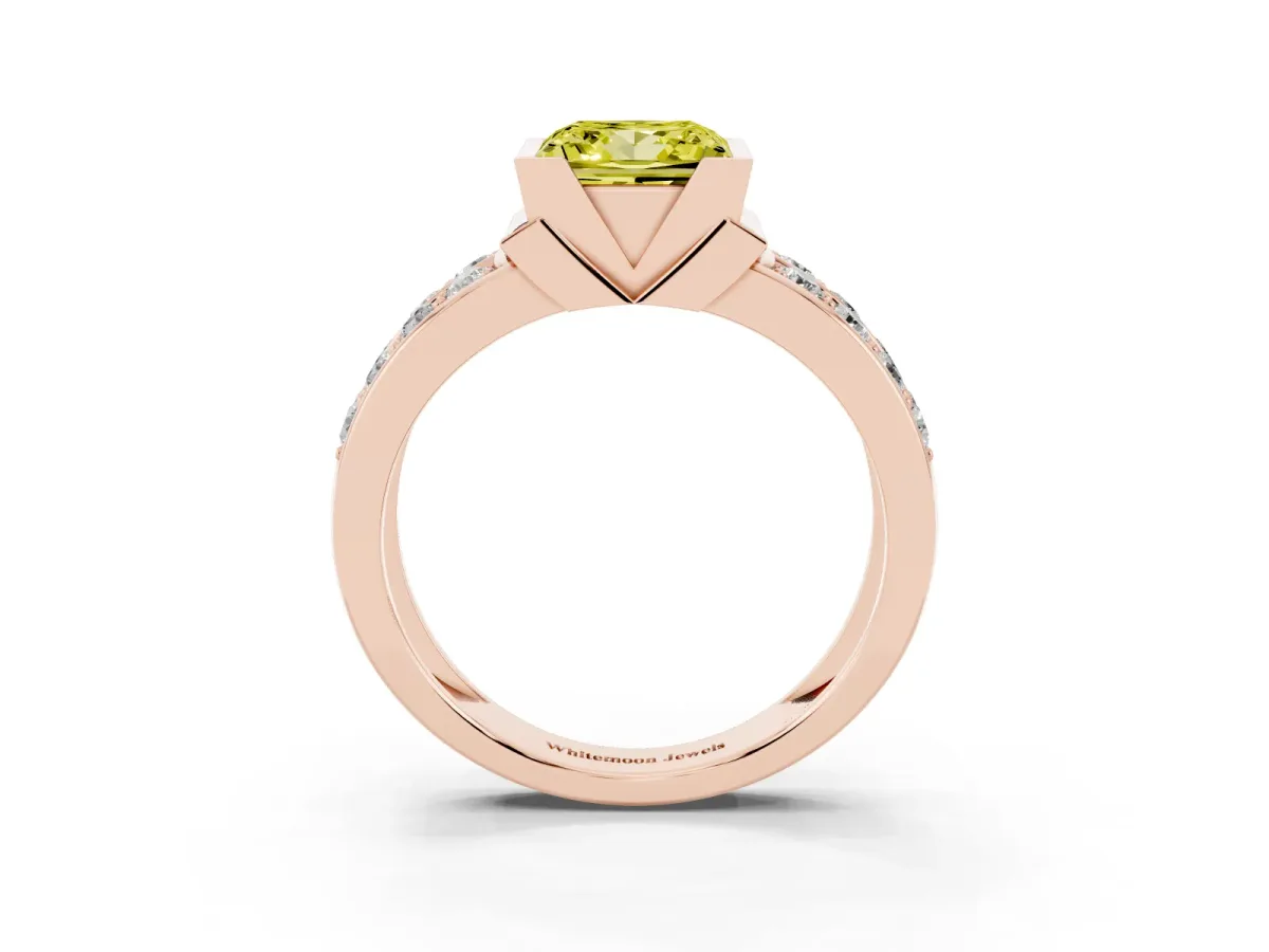 Fancy Yellow Princess Cut Brilliant Diamond Channel Set Wide Band Ring with Bezel Setting Rose gold