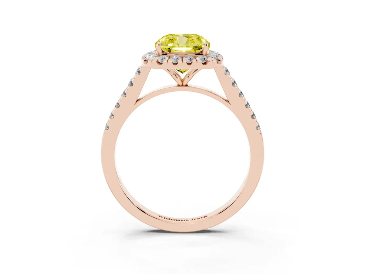 Fancy Yellow Cushion Cut Halo Pave Diamond Engagement Ring with Four-Prong Setting Rose gold