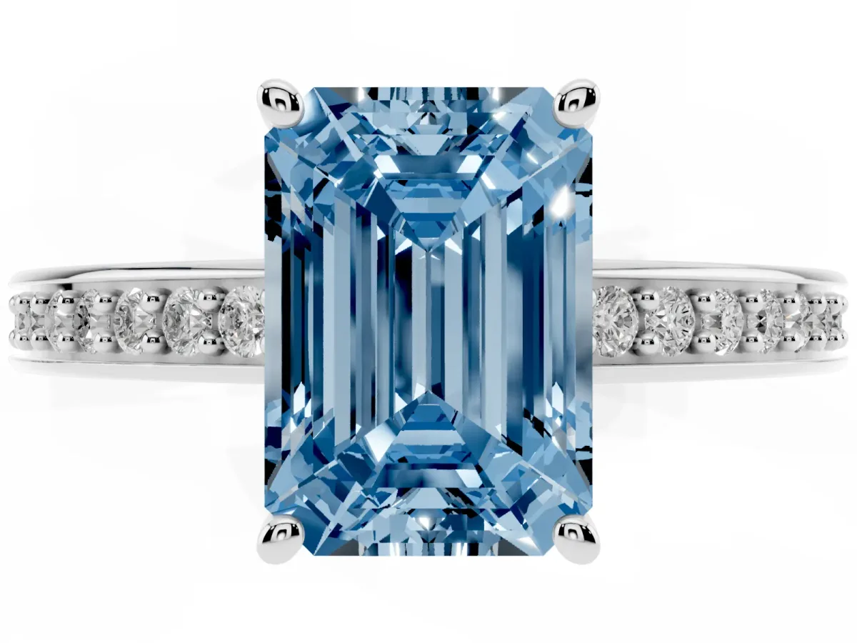Fancy Blue Emerald Cut Solitaire Pavé Band Prong Setting Ring White gold
