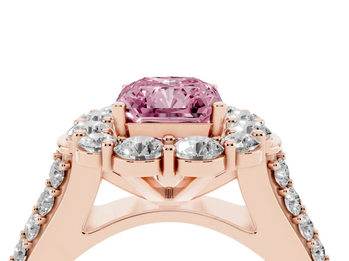 Fancy Pink Radiant Cut Halo Diamond Engagement Ring with Split Shank and Prong Setting Rose gold