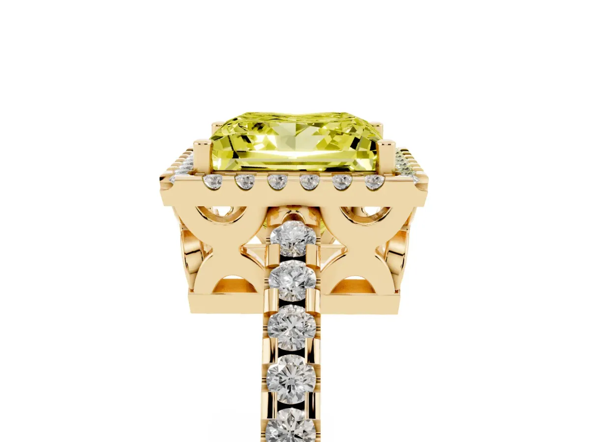Fancy Yellow Princess Cut Diamond Halo Engagement Ring with Pavé Band and Prong Setting Yellow gold