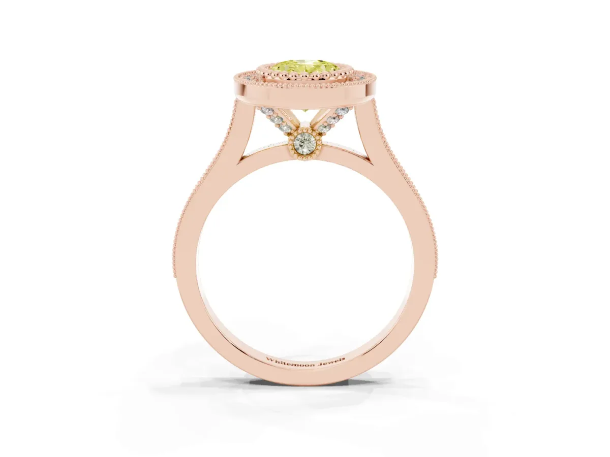Fancy Yellow Oval Cut Diamond Halo Ring with Milgrain Frame and Pavé Band Rose gold