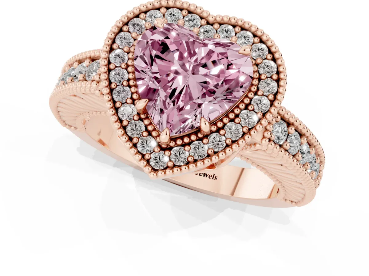 Fancy Pink Heart Cut Cut Halo Diamond Ring with Pavé Band and Four-Prong Setting Rose gold