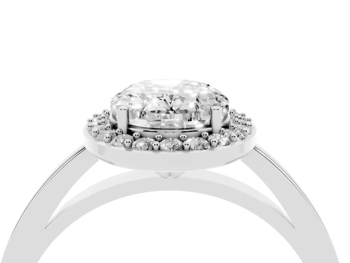 Oval Cut Halo Diamond Ring with Solitaire Band and Prong Setting Silver