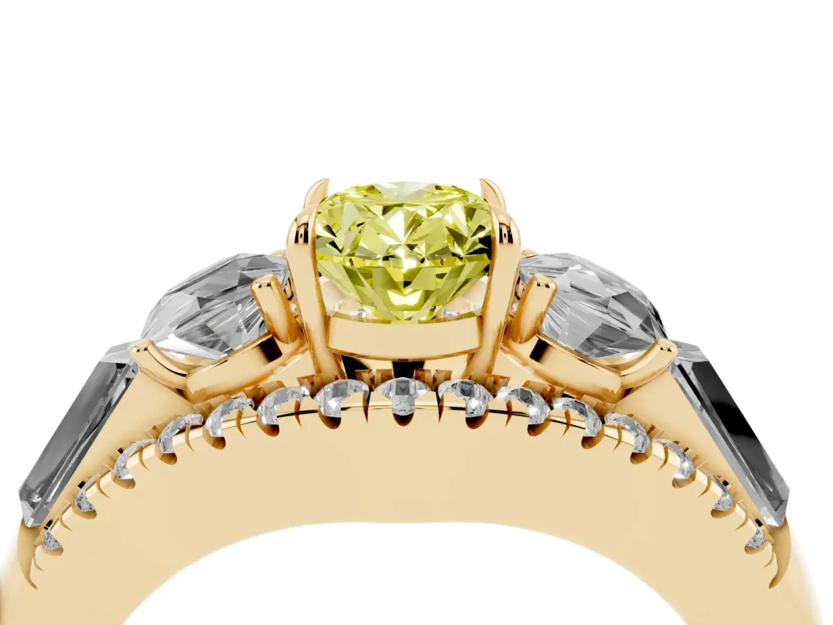 Fancy Yellow Three-Stone Oval Cut Diamond Engagement Ring with Pave Band and Prong Setting Yellow gold