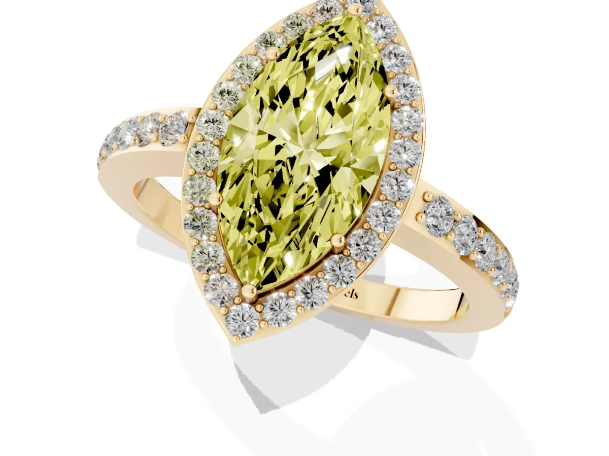 Fancy Yellow Marquise Cut Halo Diamond Pavé Band Ring with Prong Setting Yellow gold