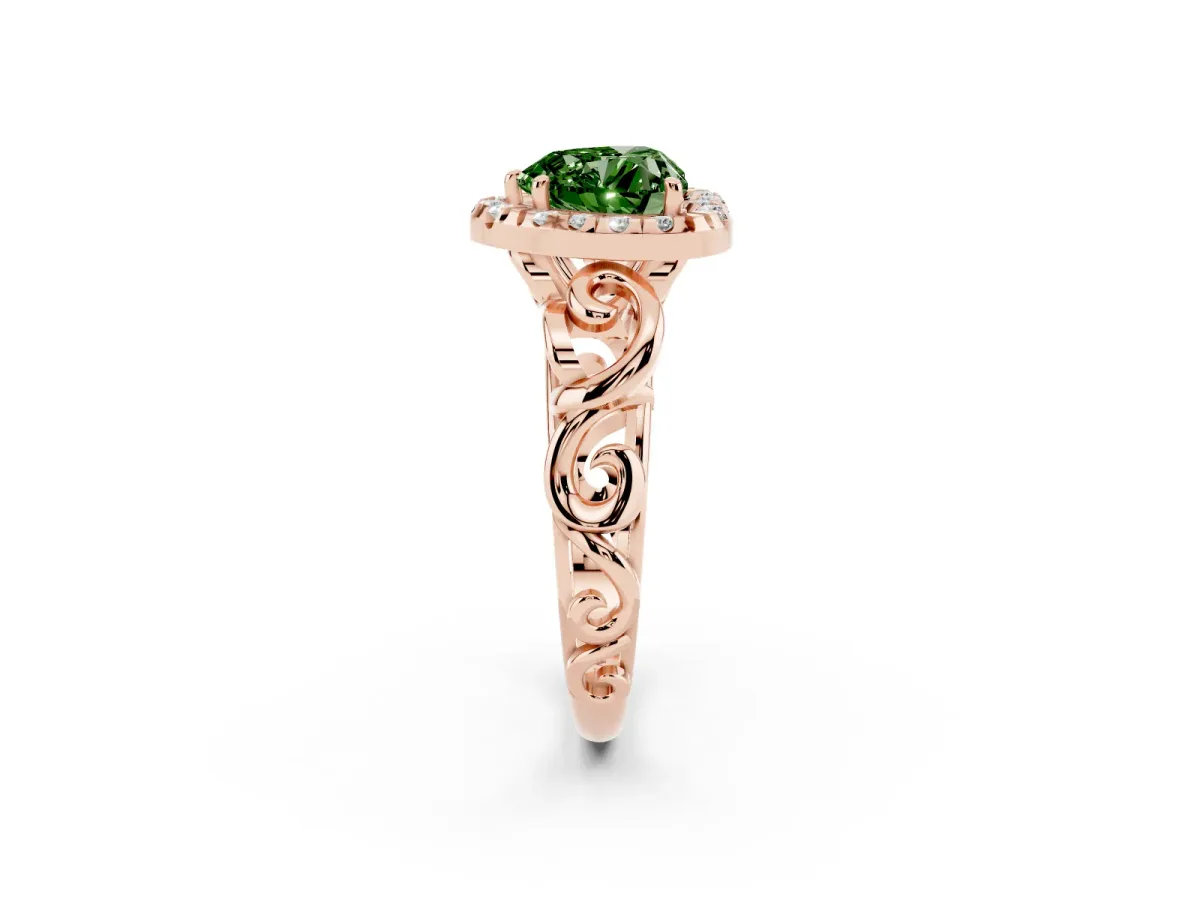 Fancy Green Heart Cut Cut Halo Diamond Ring with Scrollwork Band and Four-Prong Setting Rose gold