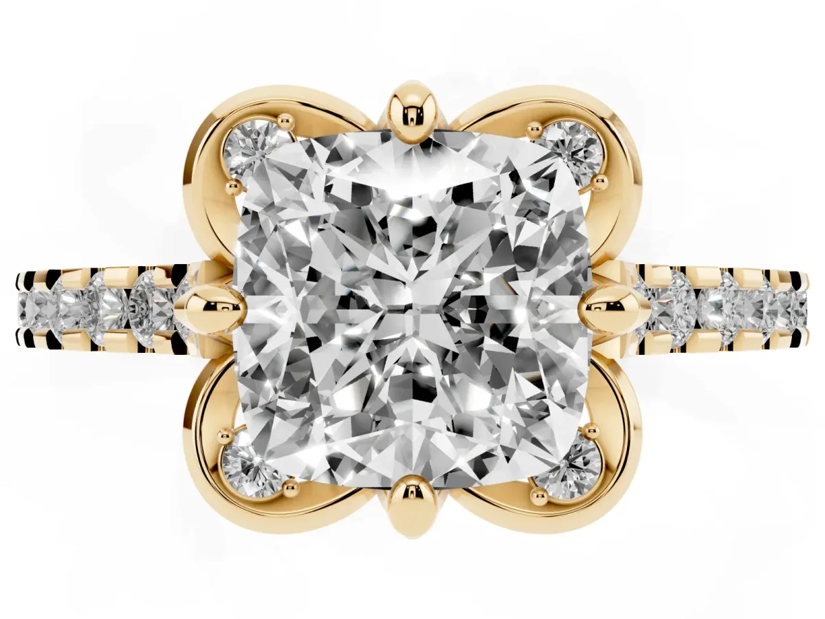 Cushion Cut Diamond Ring with Pavé Band and Floral Prong Setting Yellow gold