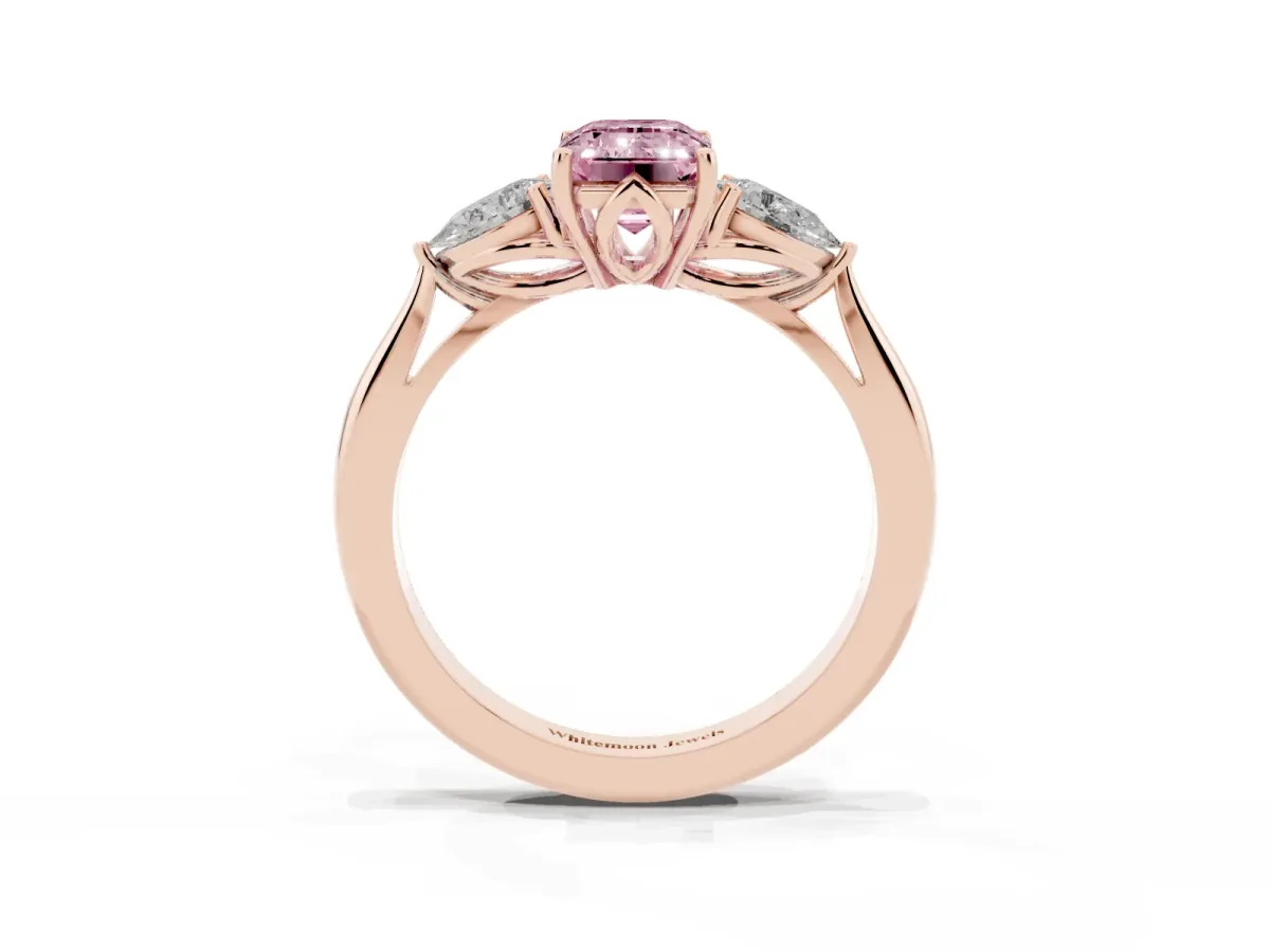Fancy Pink Three-Stone Emerald Cut Diamond Ring with Pear Side Stones in Four-Prong Setting Rose gold