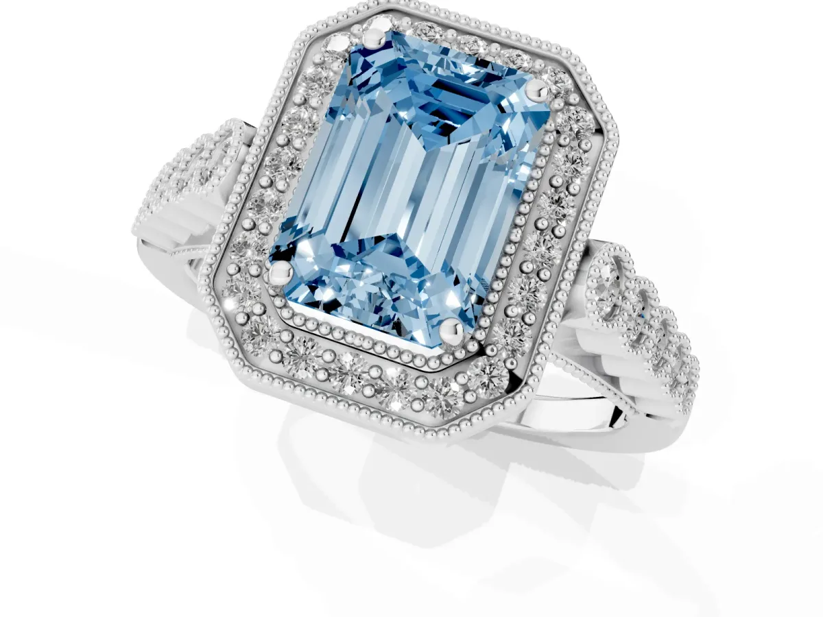 Fancy Blue Emerald Cut Halo Milgrain Solitaire with Bezel Set Side Stones and Pave Band White gold