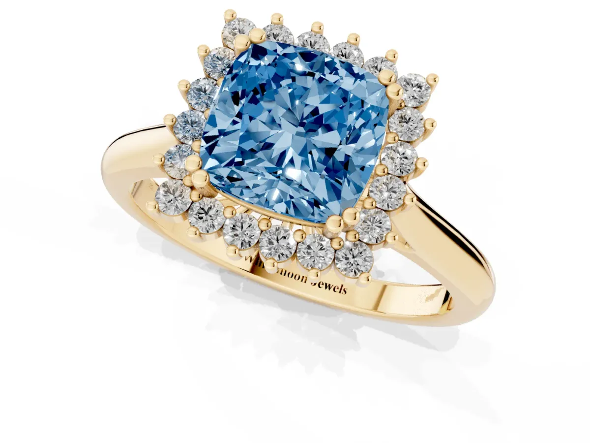 Fancy Blue Cushion Cut Cut Diamond Halo Ring with Solitaire Band and Prong Setting Yellow gold
