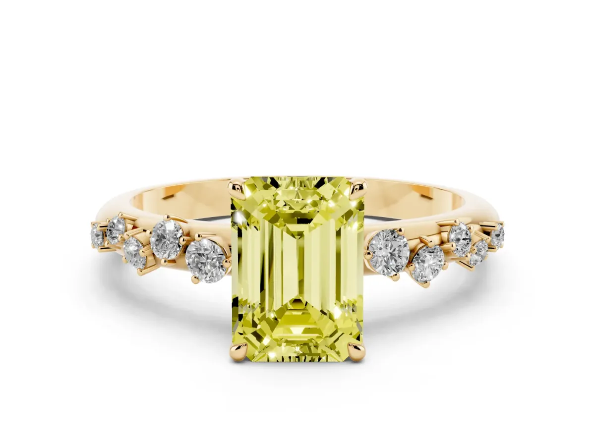 Fancy Yellow Emerald Cut Diamond Cluster Prong-Set Solitaire Ring Yellow gold