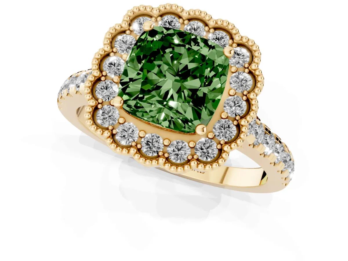 Fancy Green Cushion Cut Cut Diamond Milgrain Floral Halo Engagement Ring with Pavé Band Yellow gold