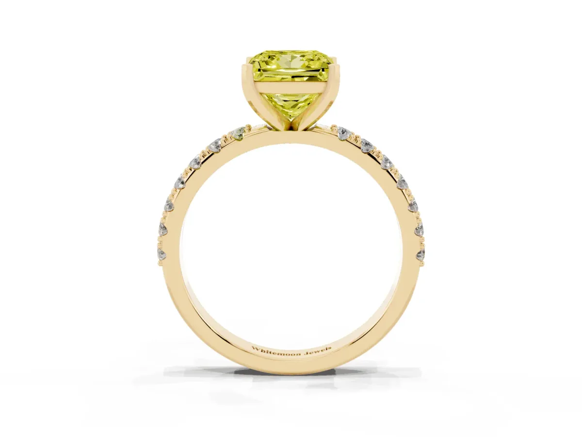 Fancy Yellow Princess Cut Diamond Solitaire Pavé Band with Four-Prong Setting Yellow gold