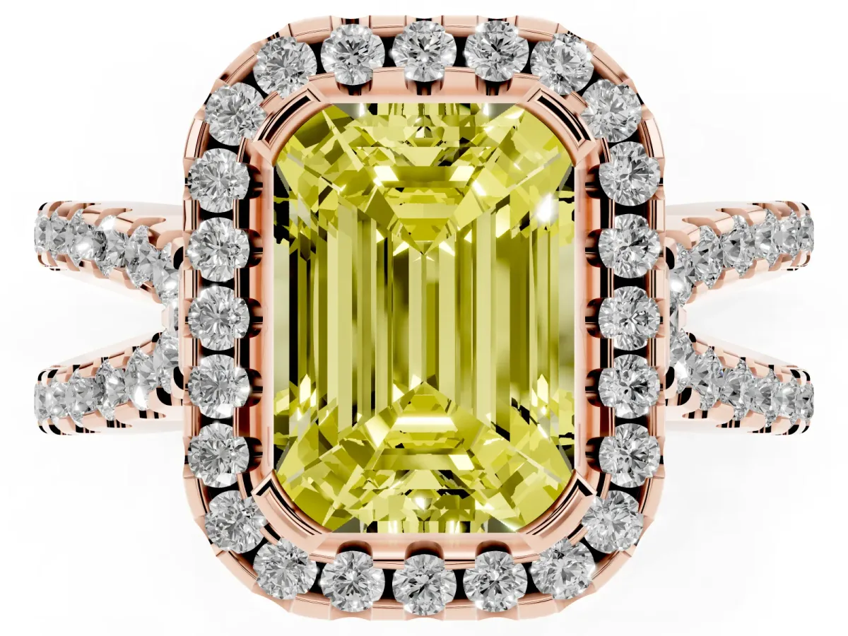 Fancy Yellow Emerald Cut Diamond Halo Ring with Split Shank Pavé Band and Prong Setting Rose gold
