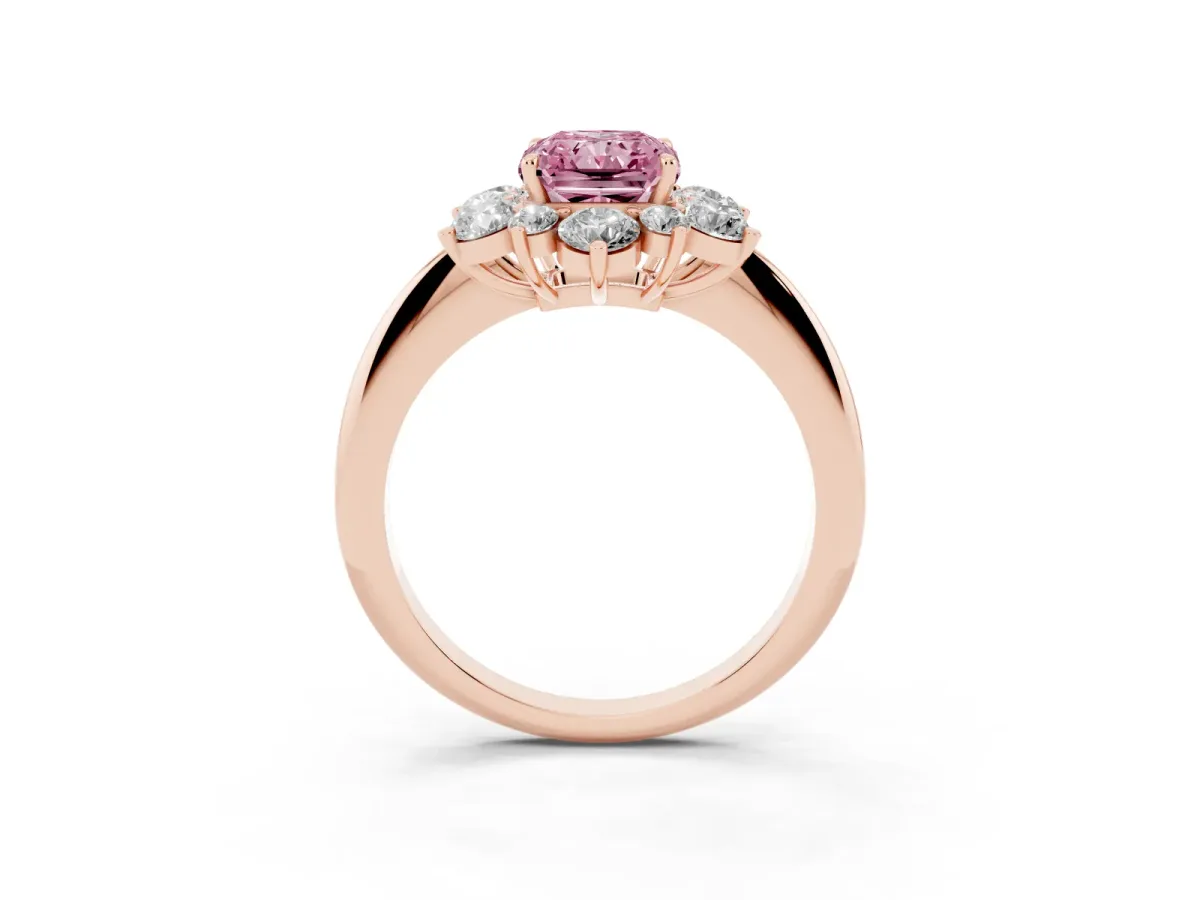 Fancy Pink Radiant Cut Diamond Cluster Halo Ring with Solitaire Band and Four-Prong Setting Rose gold