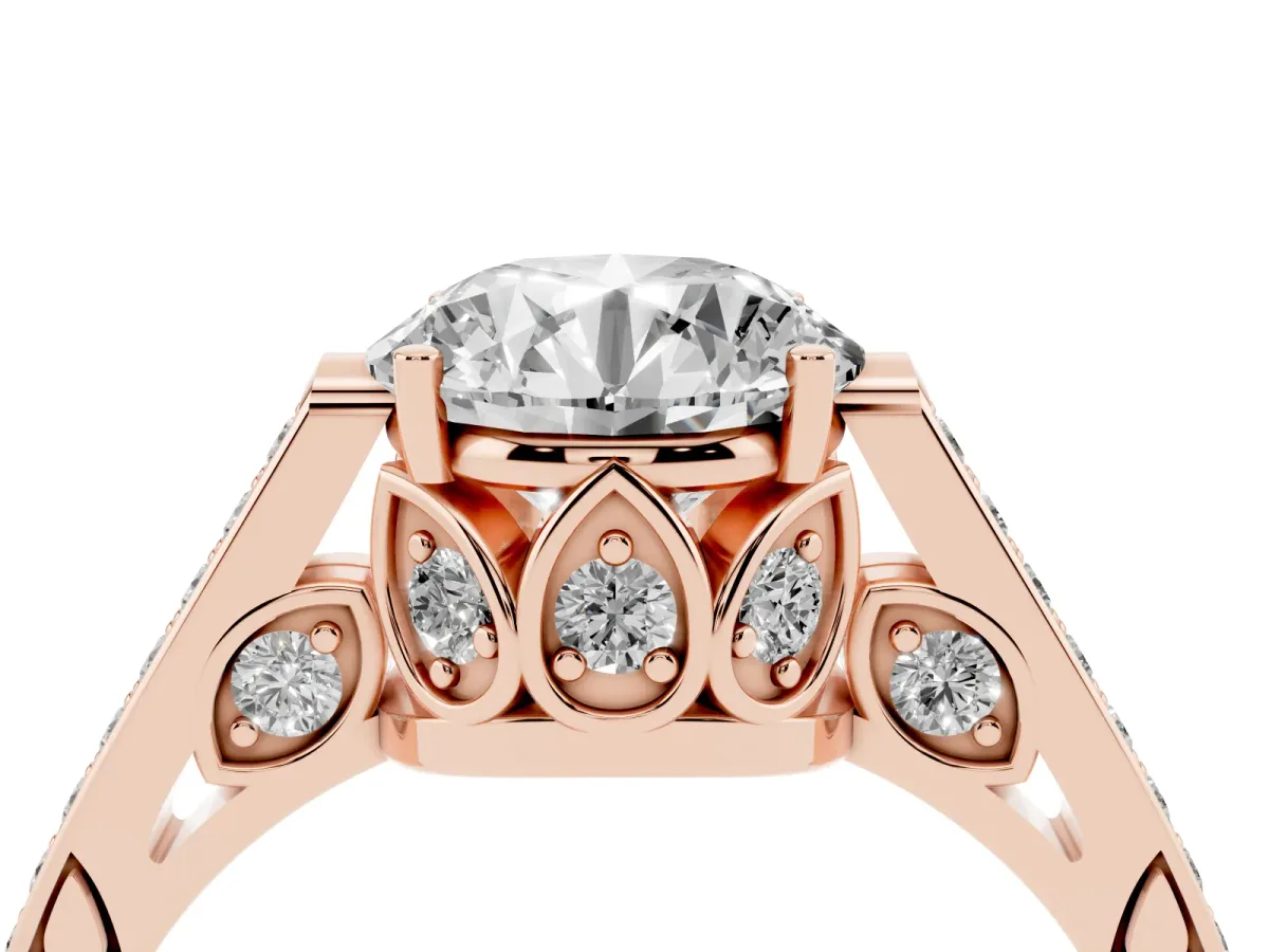 Round Cut Cut Cathedral Pave Diamond Engagement Ring with Six-Prong Setting Rose gold