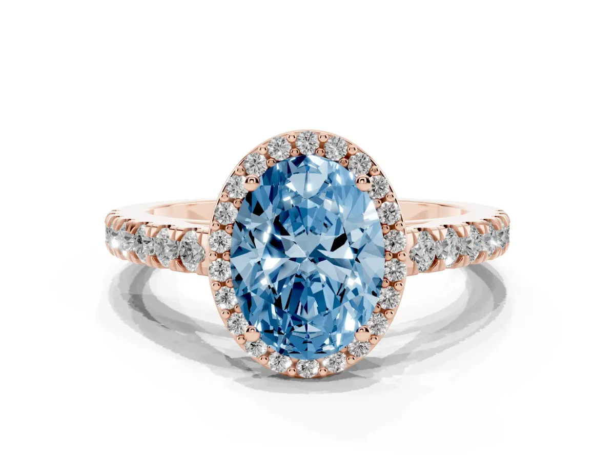 Fancy Blue Oval Cut Cut Halo Diamond Engagement Ring with Pave Band and Four-Prong Setting Rose gold
